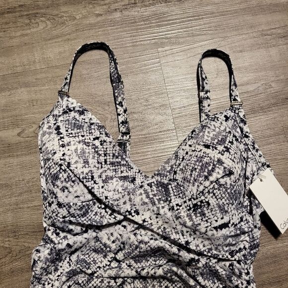 Calvin Klein Printed Plunge Swimsuit-BLACK WHITE-6 - Picture 3 of 8
